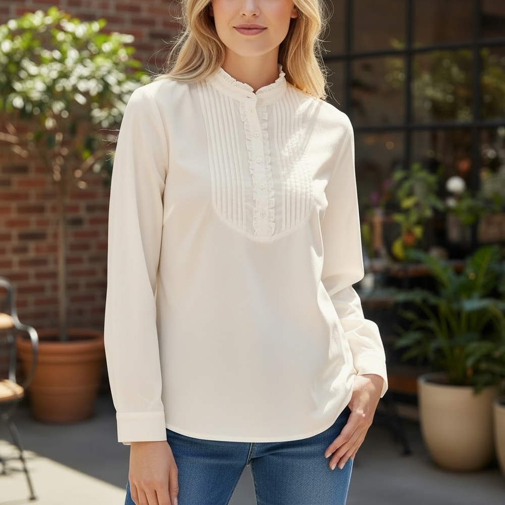 Charter Club Cotton Stretch Top with Ruffled Bib & Sleeves Size Large